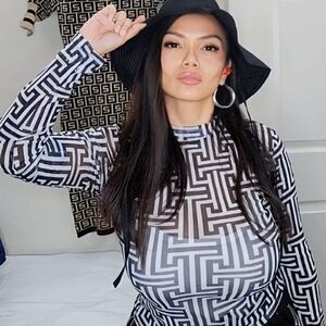 Long Sleeve, Sheer, Geometric Top with High Neckline *LIGHT MAKEUP STAIN AT NECK